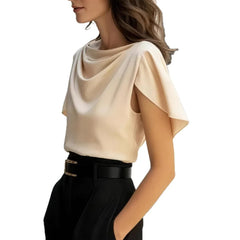 Solid Draped Neck Short Sleeve Casual Top