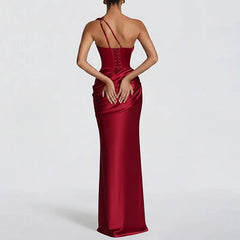 One Shoulder Cutout Satin Mermaid Evening Maxi Dress