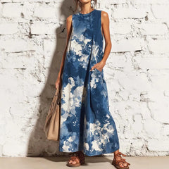 Blue Tie-Dye Sleeveless Loose Maxi Dress