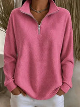Waffle Knit Quarter Zip Top, Stand Collar Half Zip Loose Fit Long Sleeve Pullover Sweater