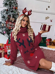 Turtleneck Reindeer Snowflake Christmas Knit Sweater Dress