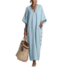 Apricot Cotton Linen V-Neck Button Detail Maxi Dress