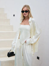 Jacquard Satin 3 Piece Set Oversized Shirt Tube Top Elastic Waist Wide Leg Pants