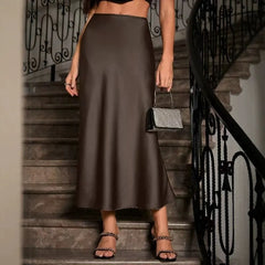 Solid Satin A-Line Midi Skirt