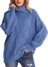 Chunky Cable Knit Turtleneck Sweater, Oversized Baggy Long Sleeve Fall Winter Top