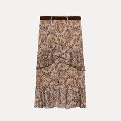 Paisley Print Ruffled Midi Skirt