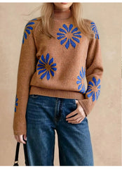 Floral Print Crew Neck Loose Pullover Sweater