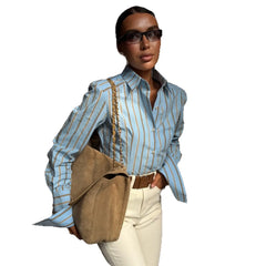 Blue Brown Vertical Stripe Button Down Shirt, Collared Long Sleeve Loose Blouse