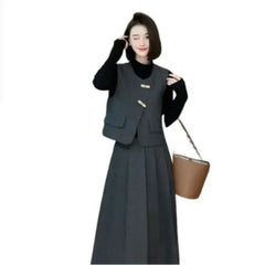 V-Neck Vest & Pleated Skirt Two-Piece Suit