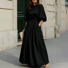 Cream Puff Short Sleeve High Waist Flowy Maxi Dress with Pockets