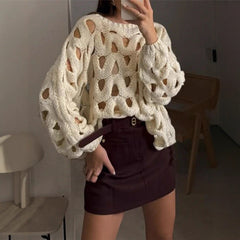 Openwork Hollow Knitted Jumper, Boho Lantern Sleeve Loose Fit Crochet Sweater