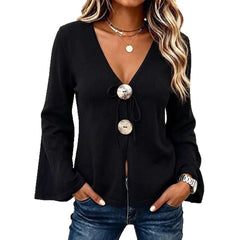 V-Neck Knit Cardigan, Large Button Tie Front Flare Long Sleeve Sweater Top