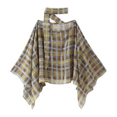 Boho Tartan Sheer Oversized Shirt, Cold Shoulder Batwing Long Sleeve Loose Plaid Blouse for Daily Outfit