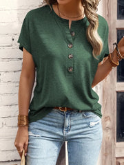 Solid Color Half Placket Round Neck Batwing Sleeve T-Shirt