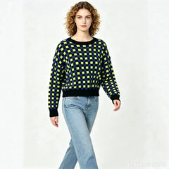 Color Block Checkerboard Jacquard Round Neck Pullover Sweater