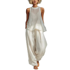Sleeveless High Neck Flowy Top & Wide Leg Linen-Blend Pants Set