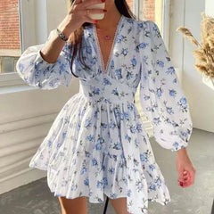 Sweet Floral V-Neck Bubble Sleeve A-Line Mini Dress Loose Waist Lightweight Campus Daily Dress