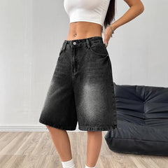 Mid Waist Washed Straight Leg Denim Bermuda Shorts