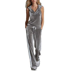 Velvet Sleeveless Hoodie and Wide Leg Pants 2 Piece Set