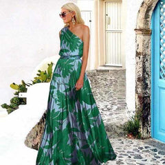 One Shoulder Color Block Printed Maxi Dress