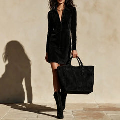 Retro Faux Suede Long Sleeve Mini Dress Lapel Collar Stitched Panel Slim Fit Casual Dress