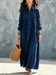Solid Turn-Down Collar Button Down Ankle-Length Dress