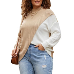 Curvy Color Block Knit Top Mock Neck Asymmetrical Hem Loose Fall c