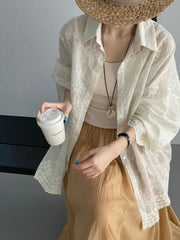 Floral Embroidery Back Tie Sheer Bubble Long Sleeve Oversized Shirt