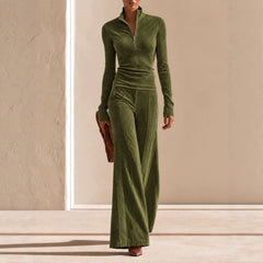 Ribbed Corduroy Matching Set Long Sleeve Quarter Zip Top High Waist Flare Trousers