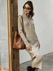 Burgundy Half Zip Cable Knit Midi Dress