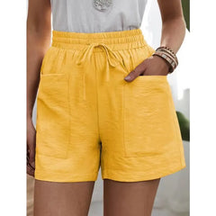 Solid Color Elastic Waist Drawstring Pocket Detail Wide Leg Shorts