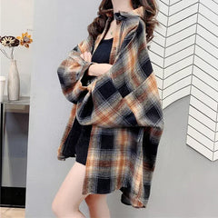 Fall Oversized Brown Black Plaid Shirt, Long Length Button Front Loose Fit Blouse