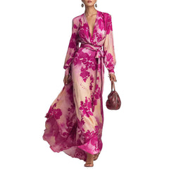 Pink Floral Deep V-Neck Belted Long Sleeve Maxi Dress