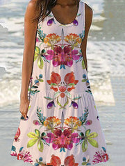 Floral Print Sleeveless Round Neck Tiered Midi Dress