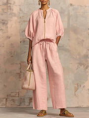 Stand Collar Gold Zip Linen 2 Piece Outfit, Puff Sleeve Drawstring High Waist Wide Leg Pocket Pants