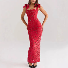 Lace Applique Bow Strap Bodycon Maxi Dress