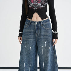 Ultra Low Waist Printed Wide Flare Denim Jeans