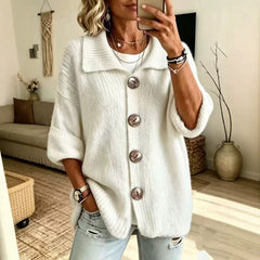 Lapel Collar Button Down Knit Cardigan, 3/4 Sleeve Loose Ribbed Knit Sweater Coat