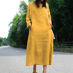 Loose Cotton Linen Round Neck Long Sleeve Maxi Dress Casual Pocket Campus Daily Commuter Dress
