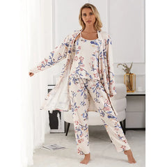 Allover Floral Print 3-Piece Robe Cami Long Pants Loungewear Set