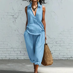 2026 foreign trade cross-border spring and summer new clothing simple lapel shirt and wide-leg pants linen two-piece set