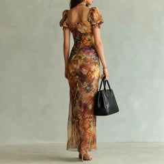 Square Neck Puff Sleeve Vintage Oil Painting Floral Print Ruched Split Mermaid Maxi Dress