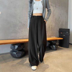 Matching Flowy Linen Look Mid Waist Pleated Wide Leg Straight Commuter Casual Long Pants
