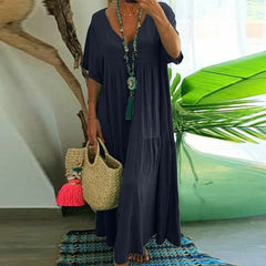 Solid Color V-Neck Short Sleeve Loose Tiered Maxi Dress