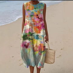 Round Neck Sleeveless 3D Floral Print Loose A-Line Midi Dress