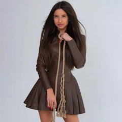 Stand Collar A-Line Pleated Mini Dress