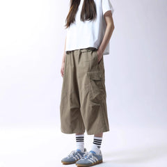 Elastic Waist Multi-Pocket Spliced Cargo Cropped Casual Pants