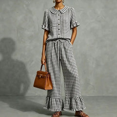 Gingham Peter Pan Collar Ruffle Short Sleeve Top & Flared Pants Two Piece Set