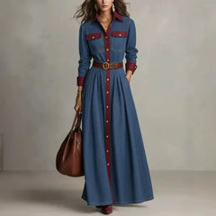 Color Block Denim Maxi Dress, Lapel Collar Long Sleeve Button Down Belted Pleated Shirt Dress