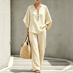 Vertical Stripe Half Button V Neck Top & Wide Leg Pants Two Piece Casual Set